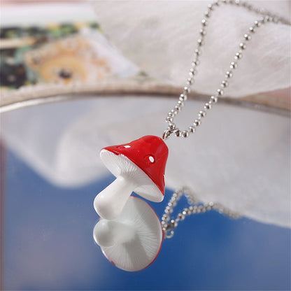 Red Resin & Silvertone Ball Chain Mushroom Pendant Necklace