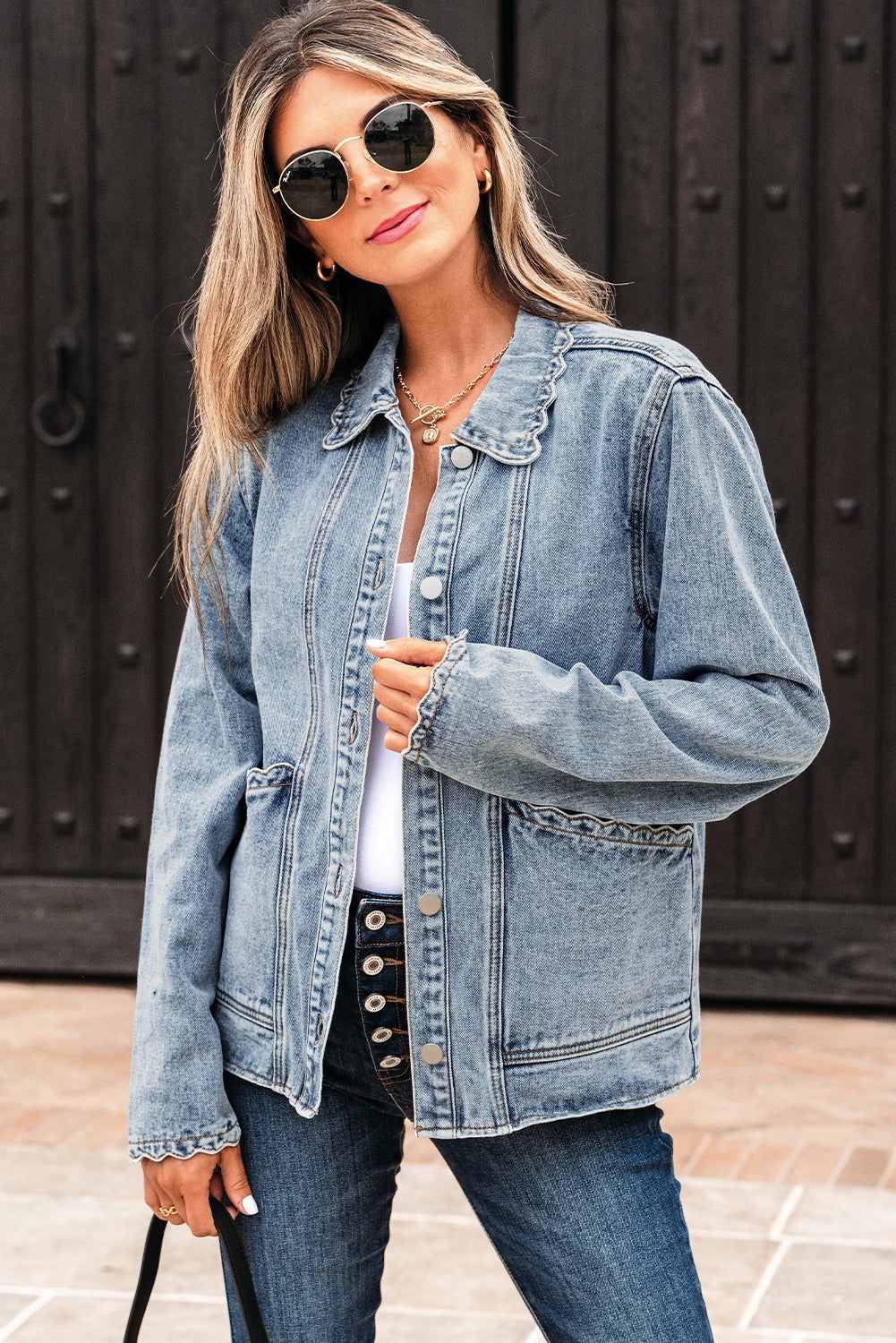 Threaded Pear Brooklyn Scallop Trim Button Up Denim Jacket