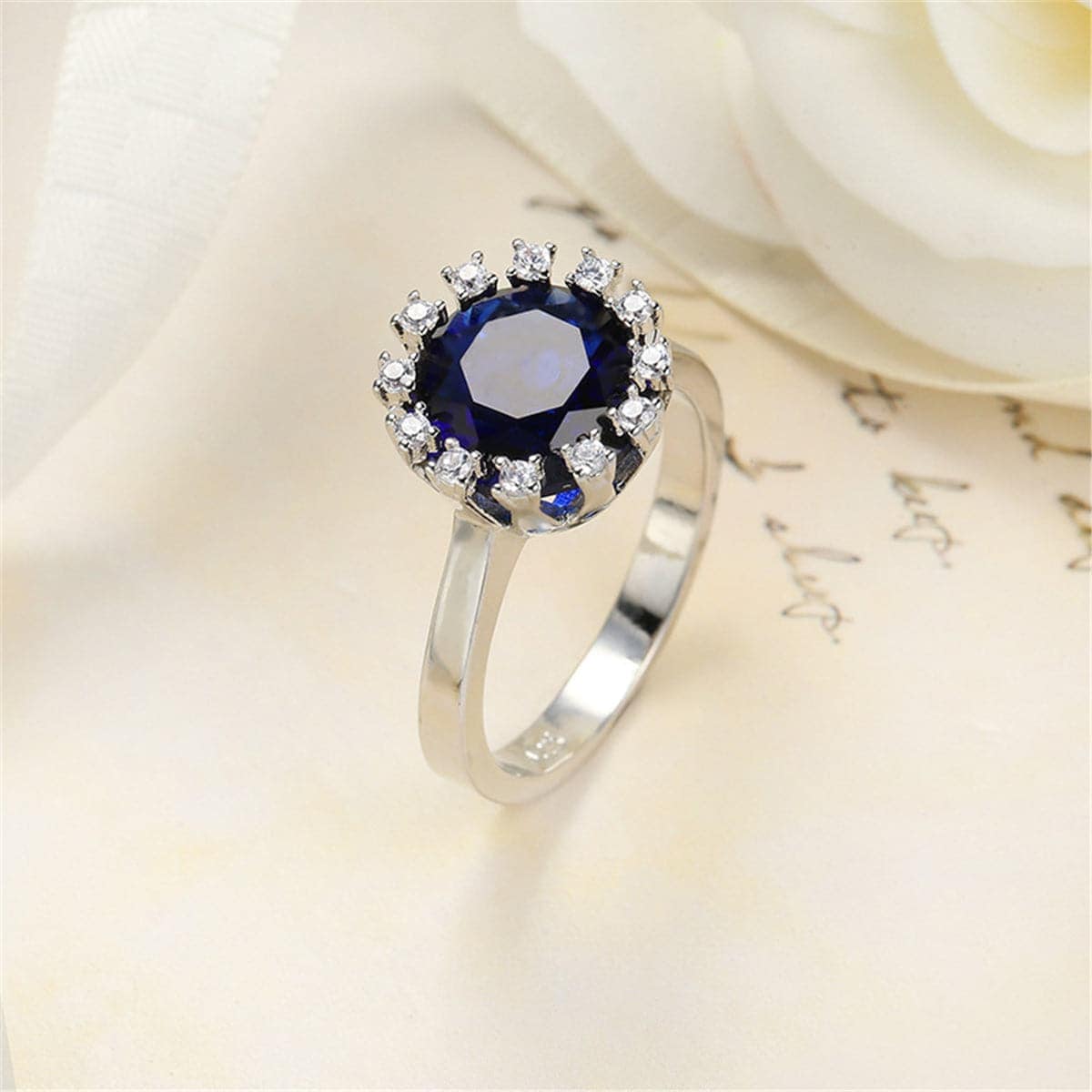 Navy Crystal & Cubic Zirconia Silvertone Halo Sunflower Ring
