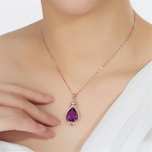 Purple Pear Crystal & Rose Goldtone Pendant Necklace