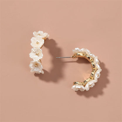 White Acrylic & Goldtone Flower Huggie Earrings