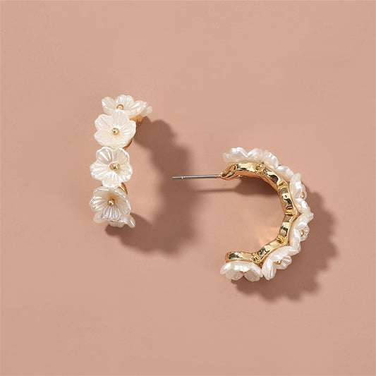 White Acrylic & Goldtone Flower Huggie Earrings