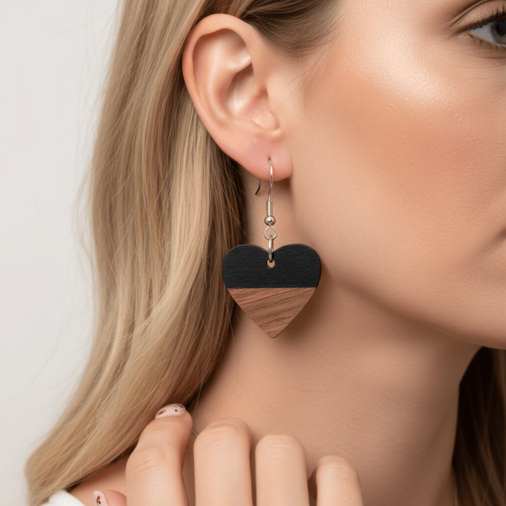 Black Resin & Wood Silvertone Heart Hook Earrings