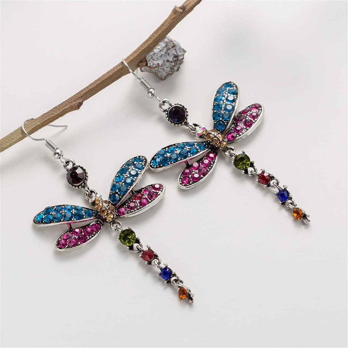 Blue & Pink Crystal & Silvertone Dragonfly Drop Earrings