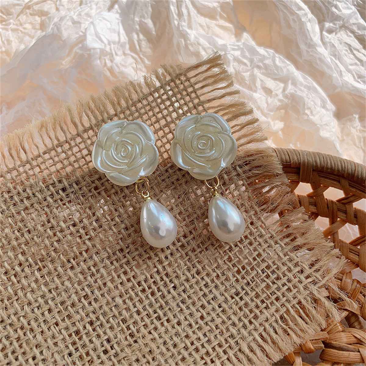 Pearl & White Resin Goldtone Camellia Drop Earrings