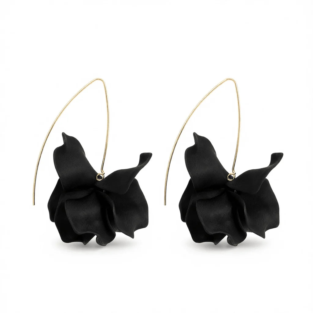 Black Acrylic & Goldtone Petals Drop Earrings