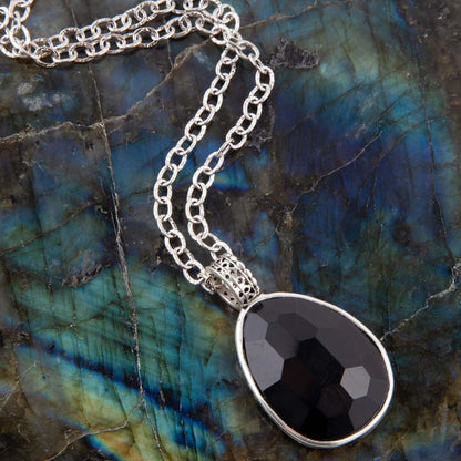 Black Onyx and Sterling Silver Teardrop Pendant Necklace