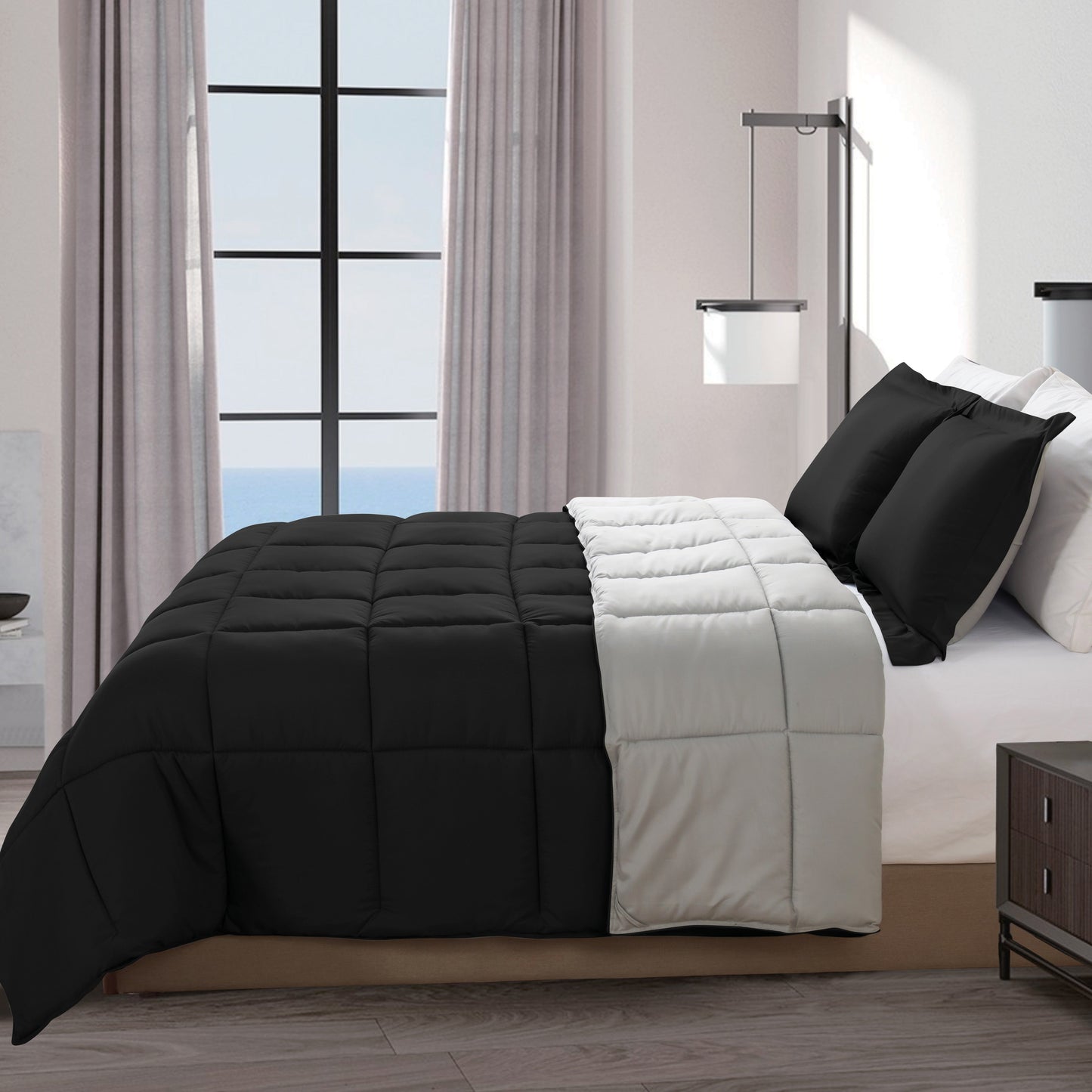 Elegant Comfort Reversible 3-Piece Box Stitched Comforter & Shams - Duvet Insert with 4 Corner Tabs