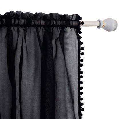 Elegant Comfort Set of 2 Pom Pom Tasseled Sheer Curtain - Rod Pocket