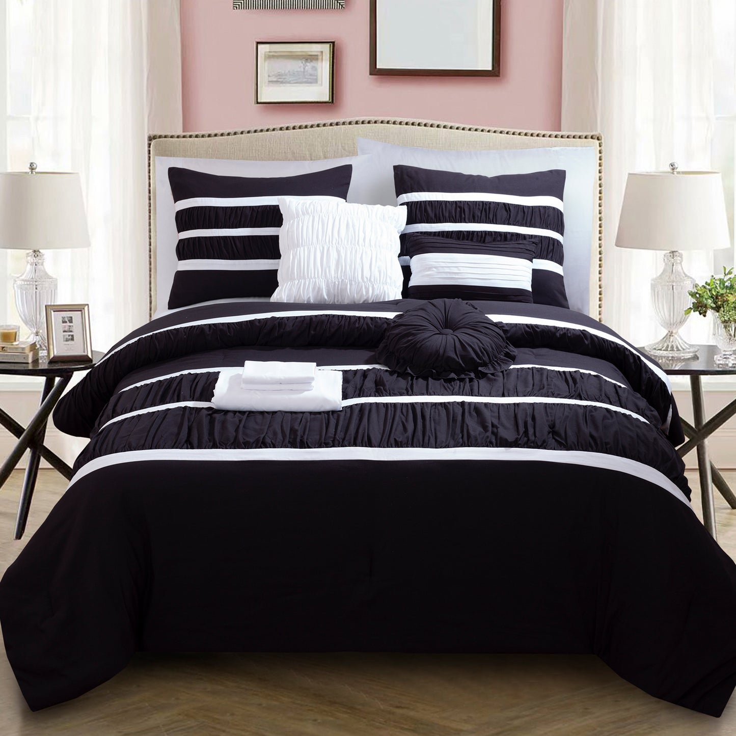 Elegant Comfort 12-Piece Isabella Pleated Ruched Ruffled Comforter Set, Includes 6-Piece Sheet Set with Double Sided Storage Pockets