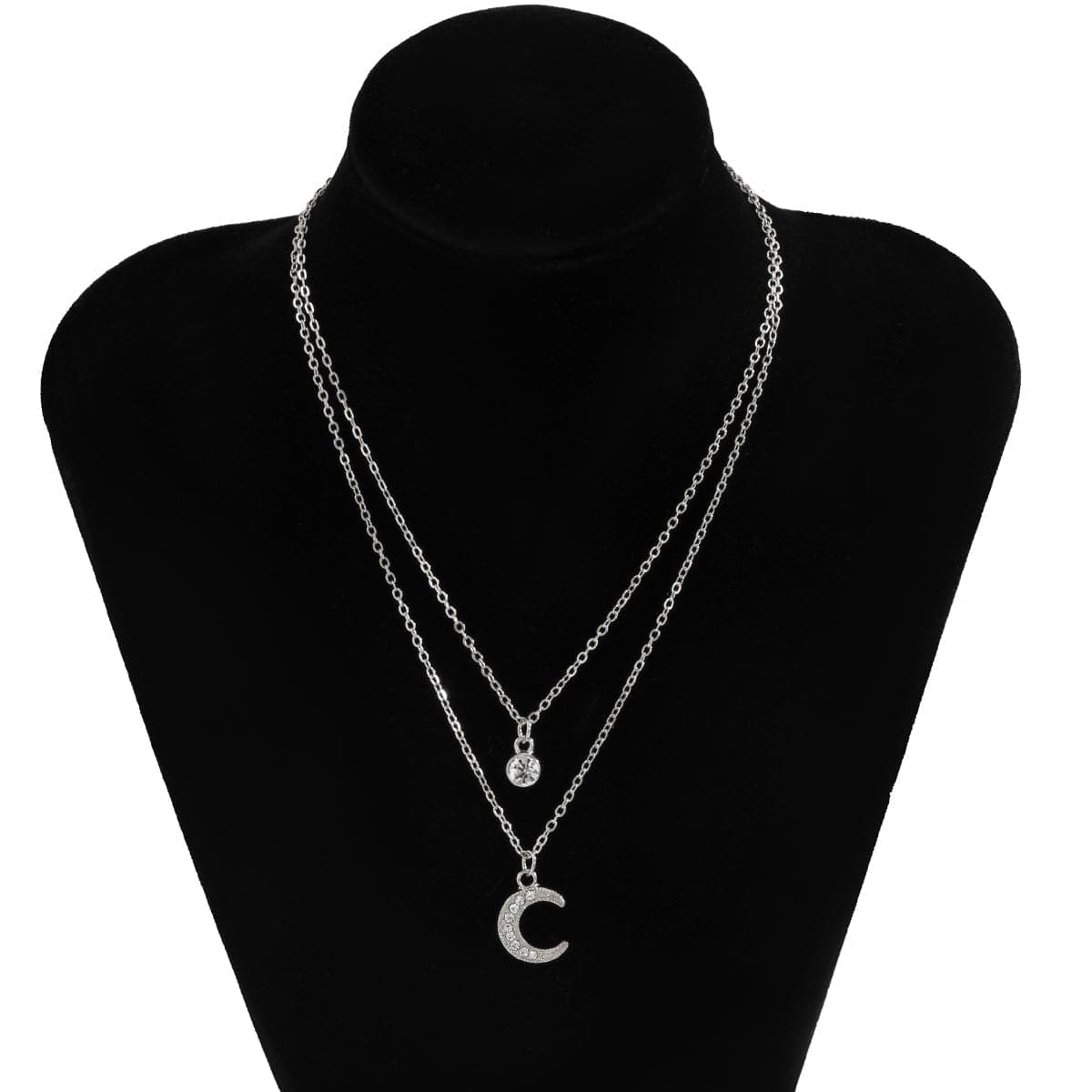 Cubic Zirconia & Silvertone Moon Pendant Layered Necklace