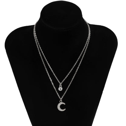 Cubic Zirconia & Silvertone Moon Pendant Layered Necklace