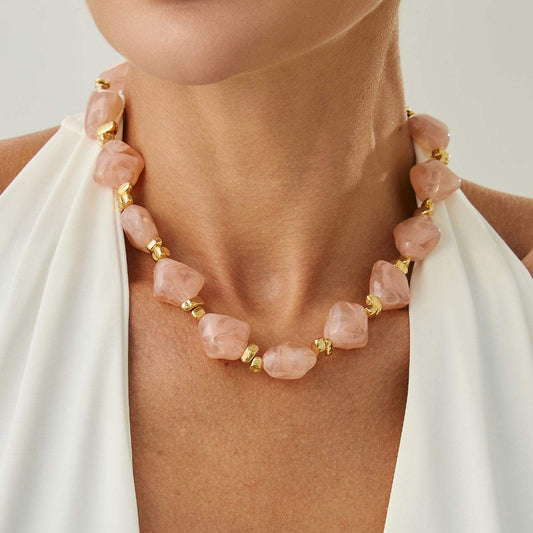 Pink Resin & Goldtone Bead Rhombus Station Collar Necklace
