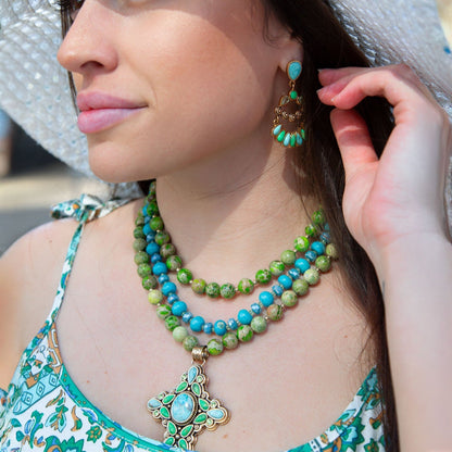 Legacy Lime Green and Blue Turquoise Golden Cross Pendant Statement Necklace