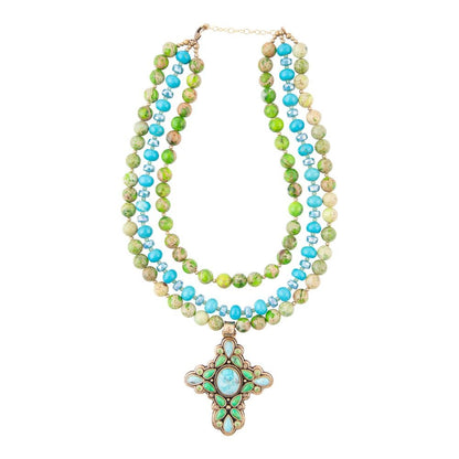 Legacy Lime Green and Blue Turquoise Golden Cross Pendant Statement Necklace