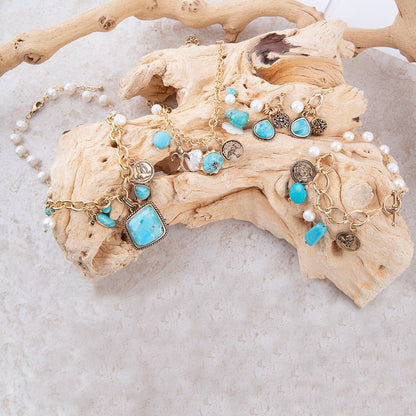 Blue Turquoise and White Pearl Multi Pendant Golden Necklace