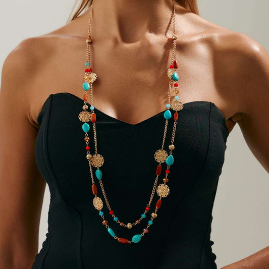 Resin & Turqouise Acrylic Goldtone Flower Plate Layered Necklace