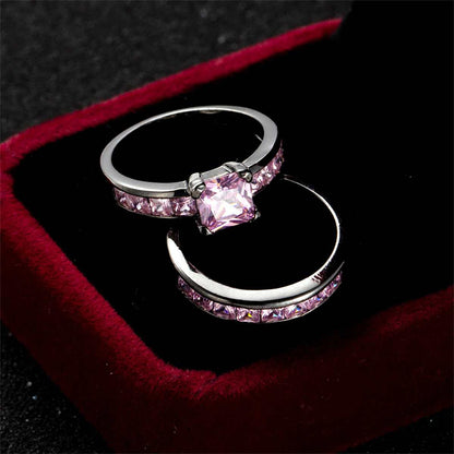 Pink Crystal & Black Stacking Ring Set-7