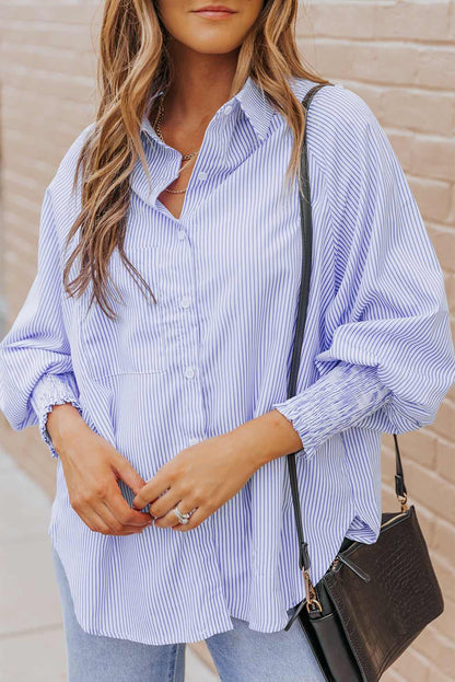 Skye Smocked Cuffed Striped Boyfriend Shirt with Pocket - Black / M - 8/10
