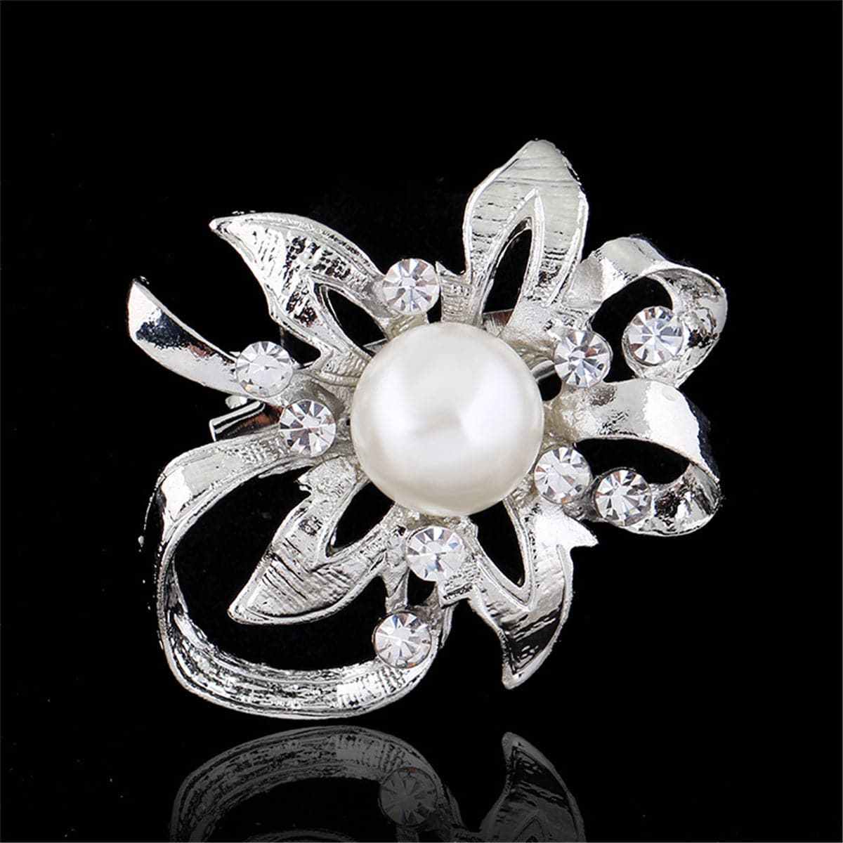 Pearl & Cubic Zirconia Silvertone Flower Filigree Brooch