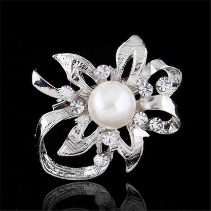 Pearl & Cubic Zirconia Silvertone Flower Filigree Brooch