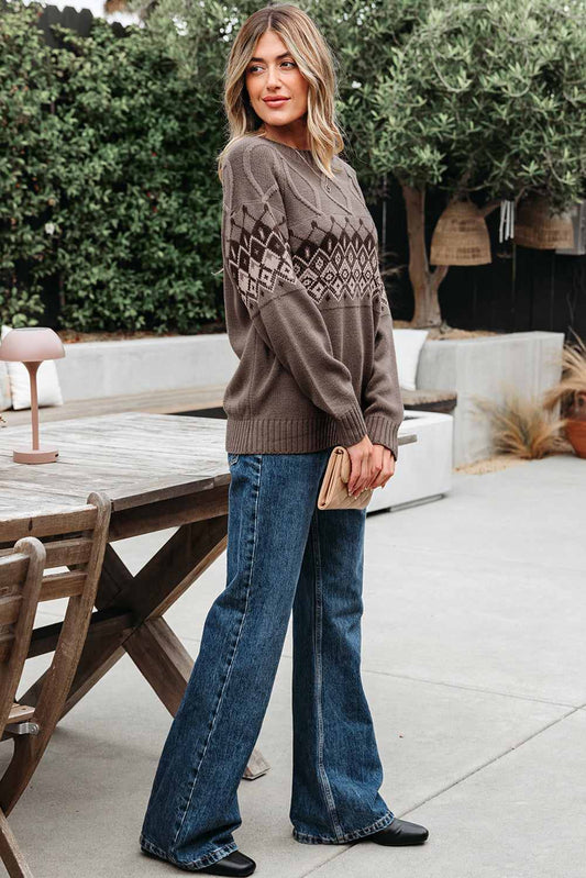 Threaded Pear Alana Western Geometric Patterned Crew Neck Knitted Sweater