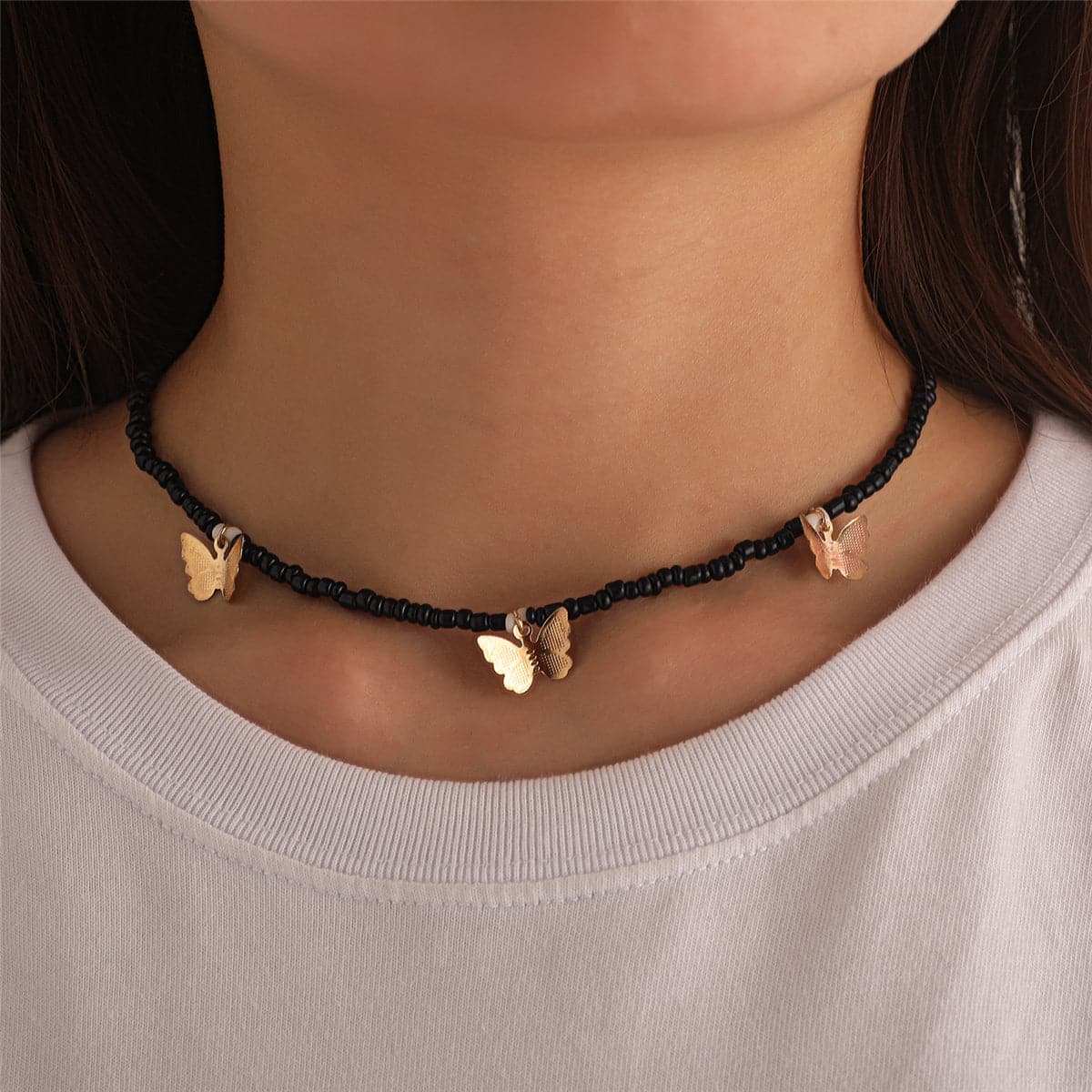 Black Howlite & Goldtone Butterfly Station Choker Necklace