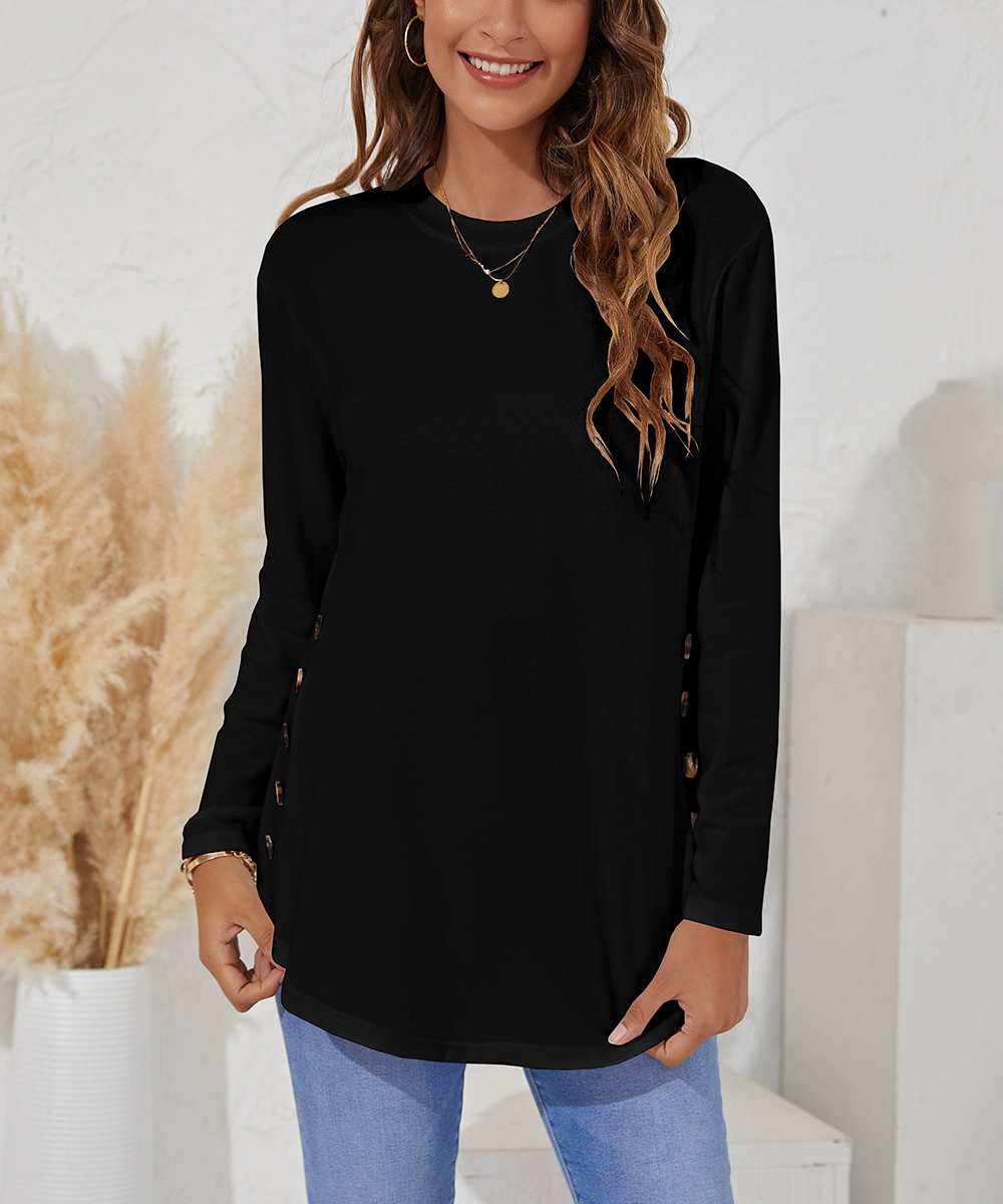 Round Neck Cuff Sleeve Top - Black