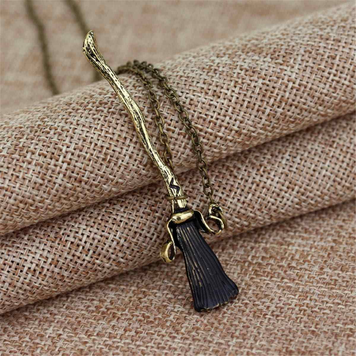 Black Enamel & Goldtone Broom Pendant Necklace