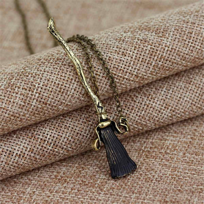 Black Enamel & Goldtone Broom Pendant Necklace