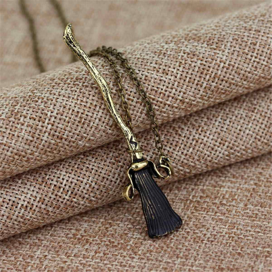 Black Enamel & Goldtone Broom Pendant Necklace