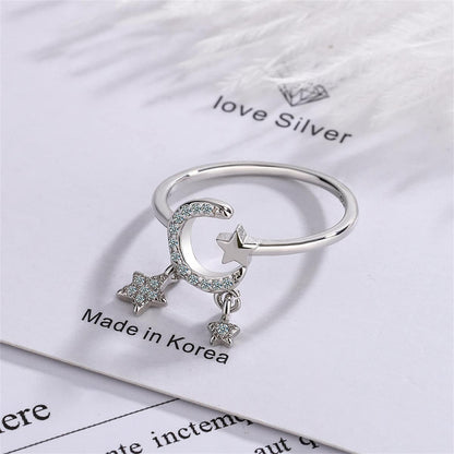 Cubic Zirconia & Silvertone Celestial Star Tassel Open Ring