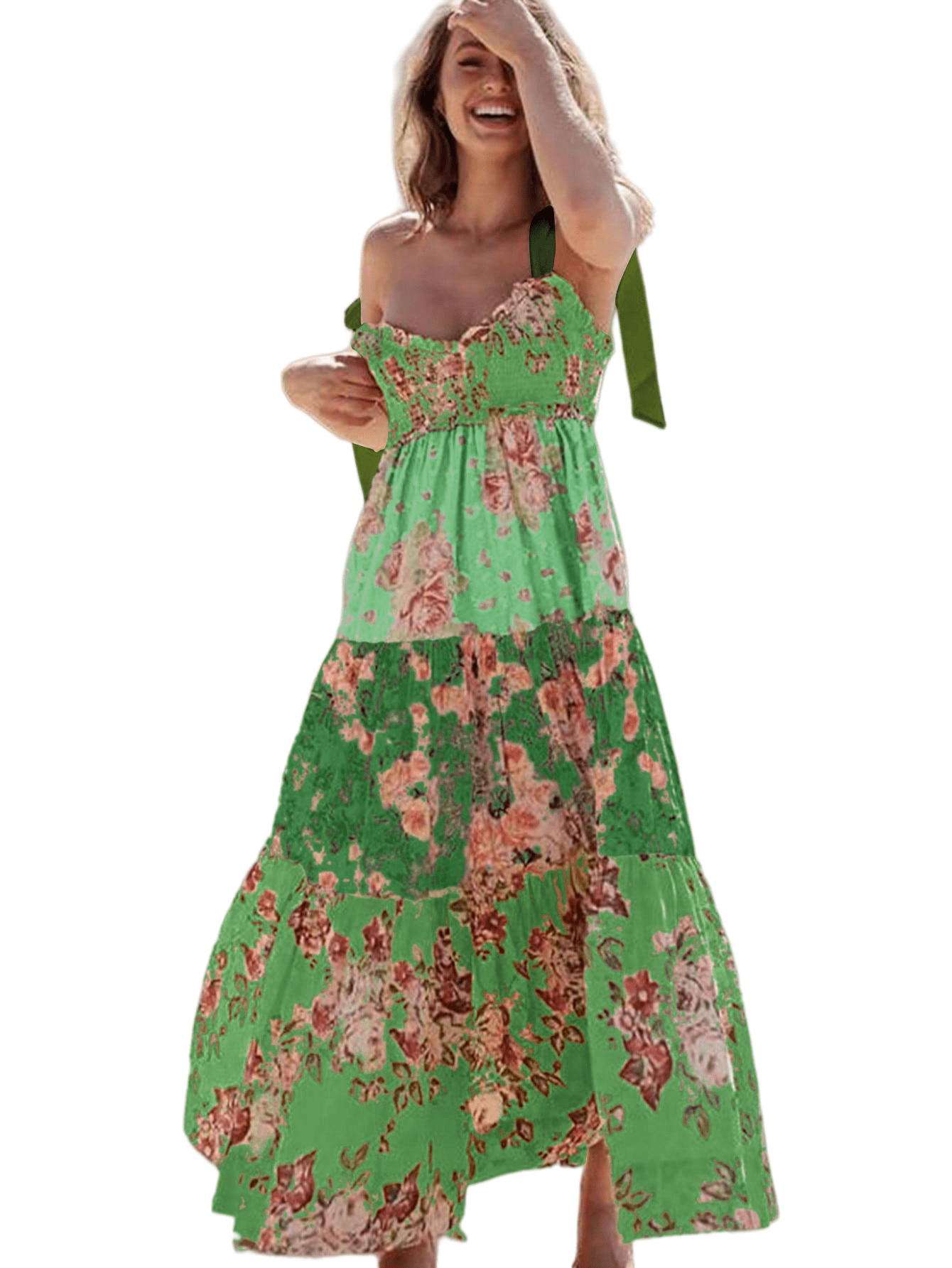 Chic YC Women's Floral Print Tiered Maxi Tie Shoulder Ruffle Hem Flowy Dress Red / Small