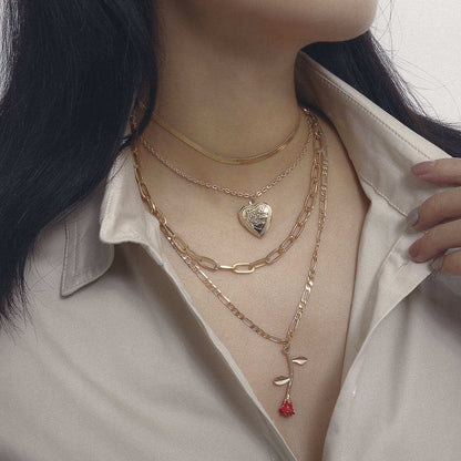 Red Enamel & Goldtone Rose Heart Layered Pendant Necklace