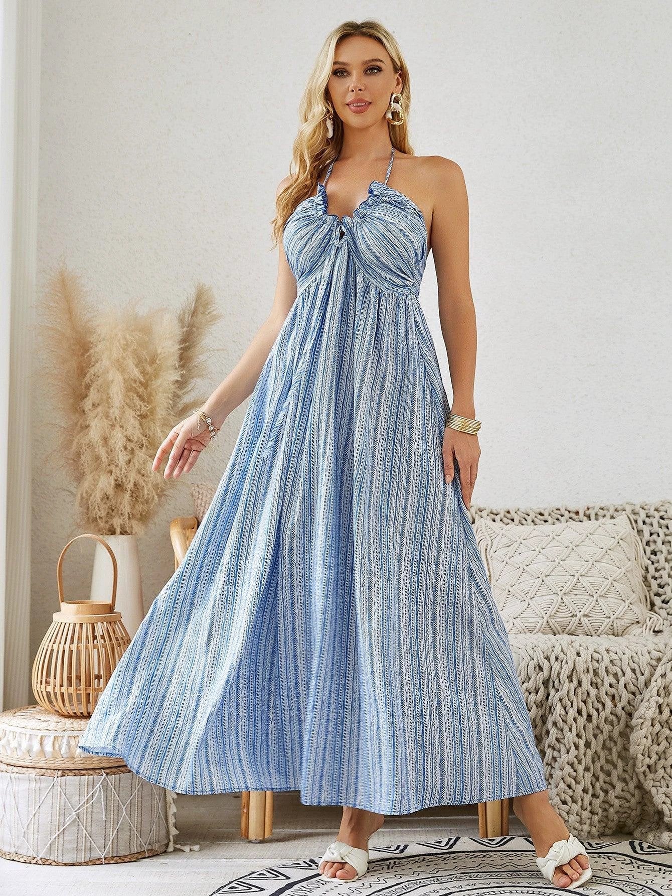 maxi dress flowy Womens Blue Strappy Long Beach Summer Dress S/M beach vacations Bohemian Halter Maxi Dress -