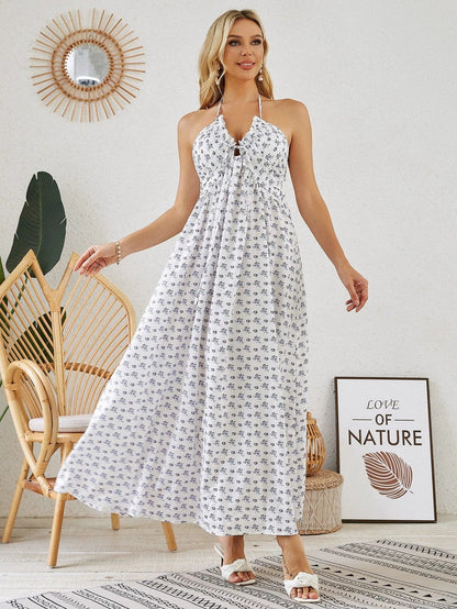 Bohemian Halter Maxi Dress - Women's Summer Sleeveless Flowy Beach Dress