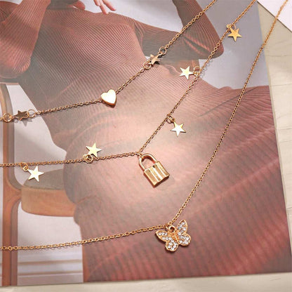 Cubic Zirconia & Goldtone Butterfly Layered Pendant Necklace