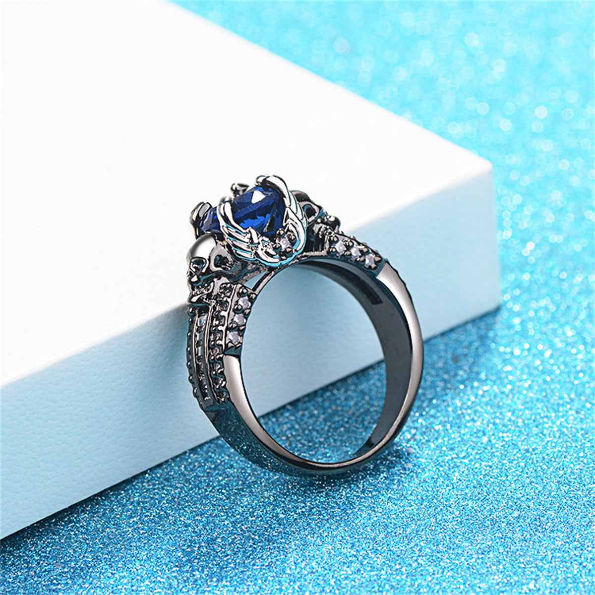 Blue Crystal & Cubic Zirconia Skull Ring-6