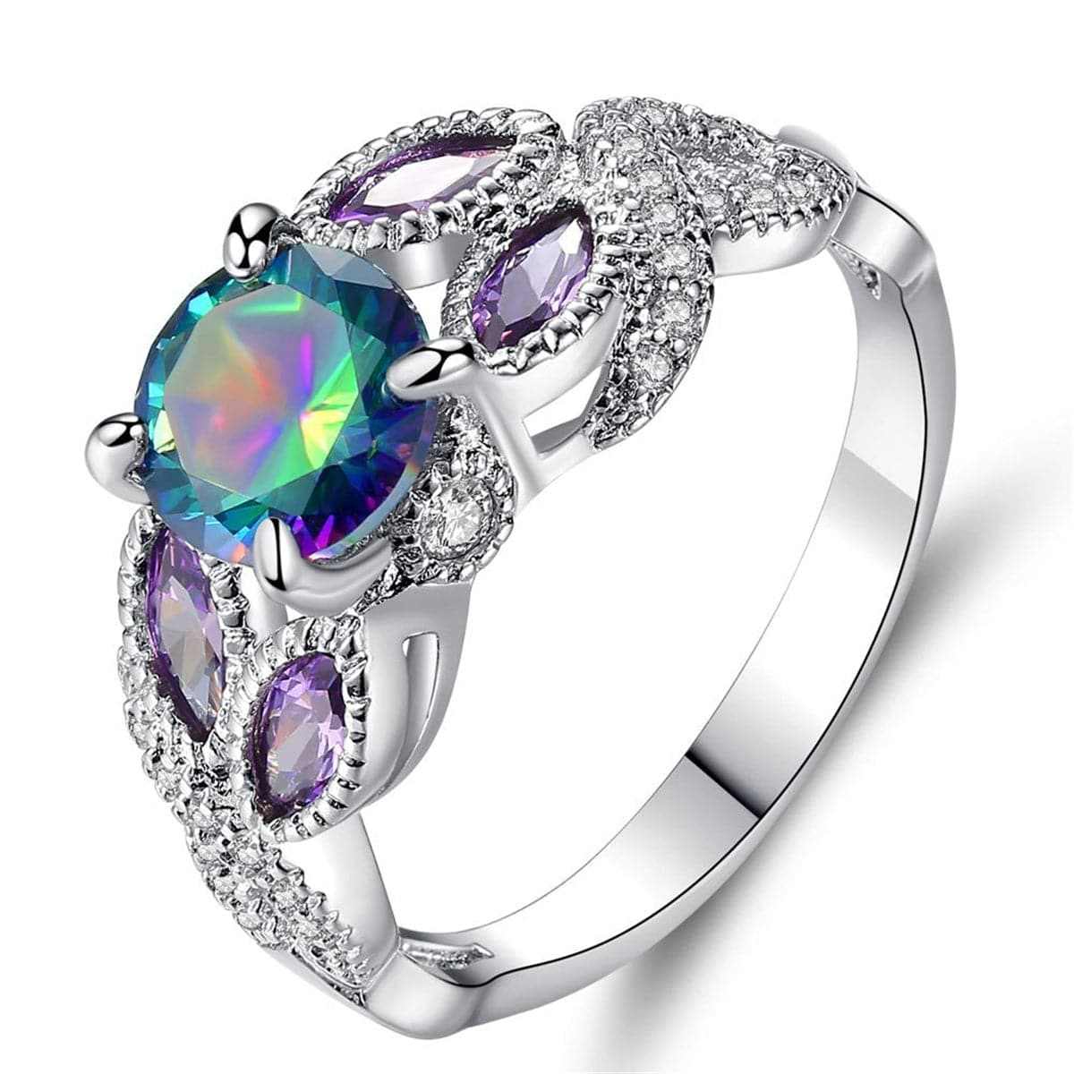 Purple & Blue Crystal Silvertone Flower Ring