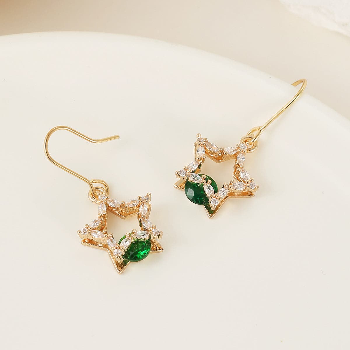 Green Crystal & Cubic Zirconia Goldtone Stacked Star Hook Earrings