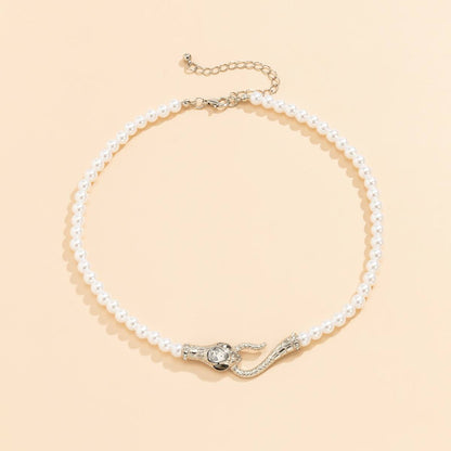 Crystal & Pearl Silvertone Snake Necklace