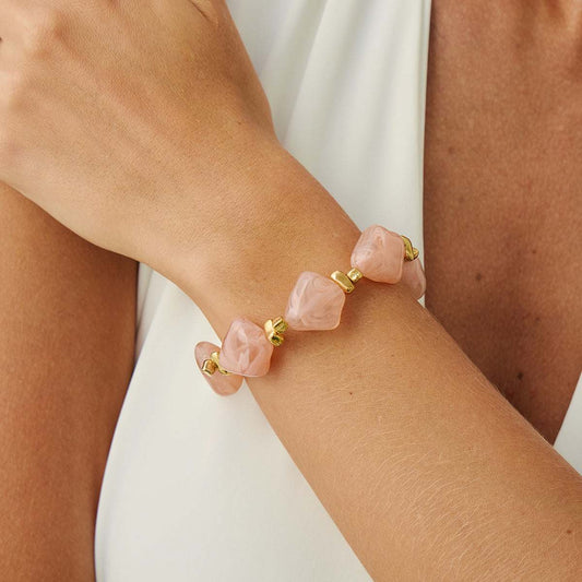 Pink Resin & Goldtone Beads Rhombus Station Stretch Bracelet