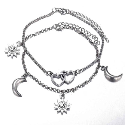 Silvertone Moon & Star Heart Charm Anklet Set