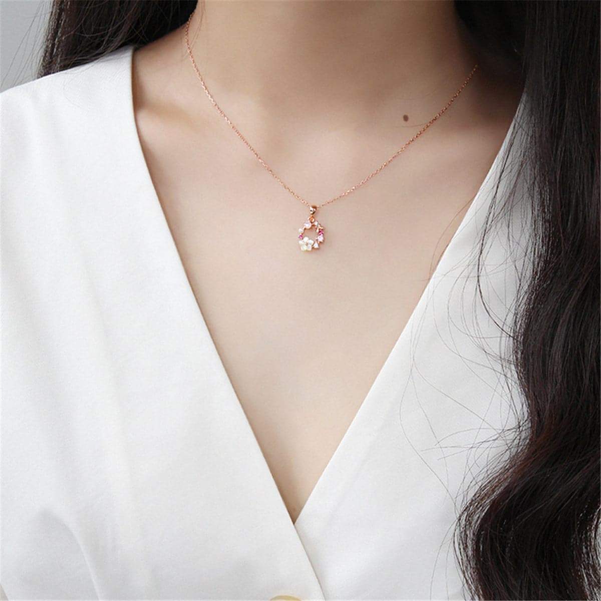 Cubic Zirconia & Pearl Rose Goldtone Flower Pendant Necklace