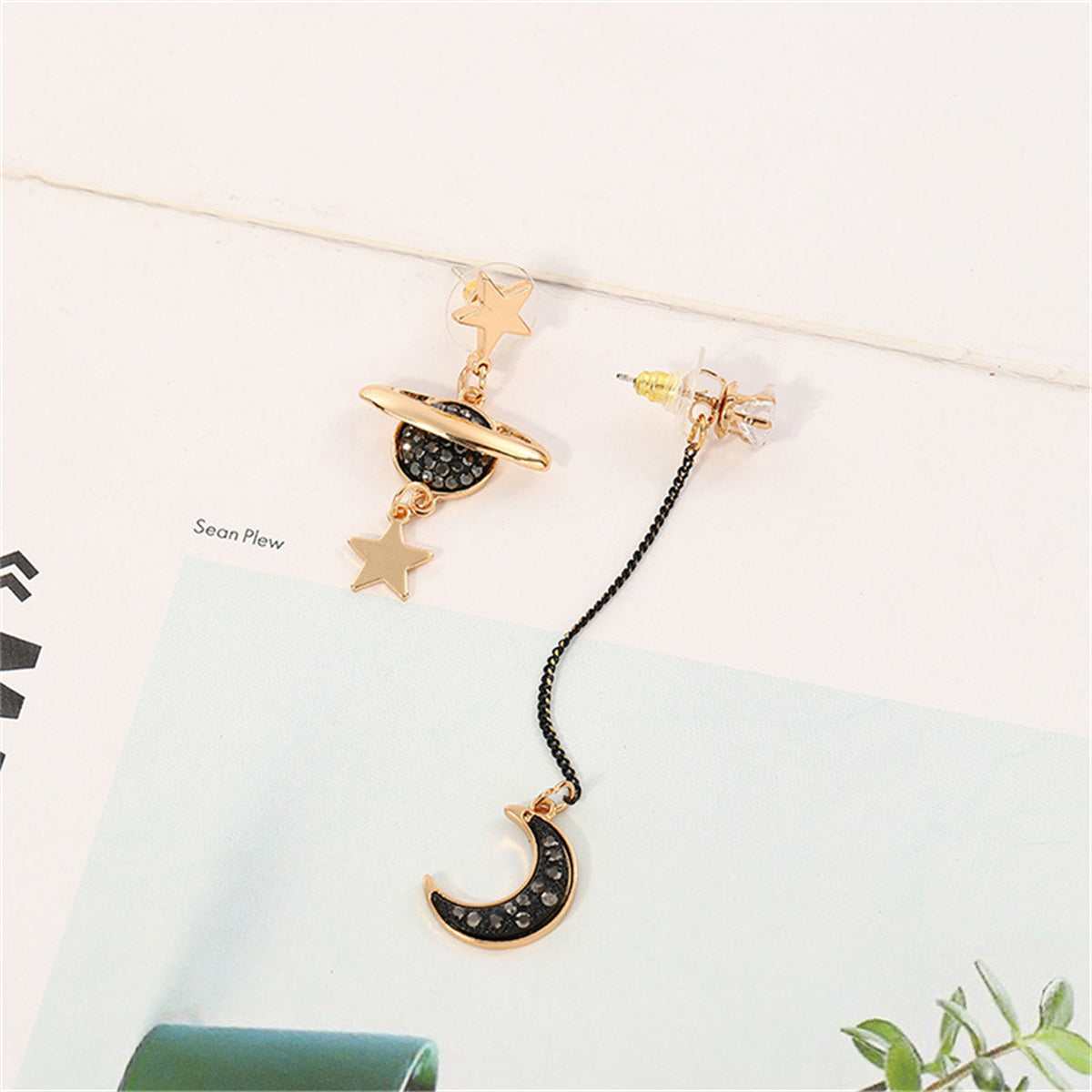Cubic Zirconia & Goldtone Star & Moon Drop Earrings