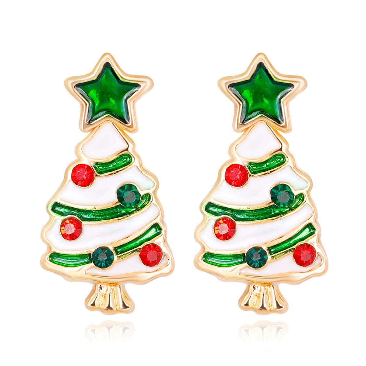 Cubic Zirconia & Enamel Goldtone Star Christmas Tree Stud Earrings
