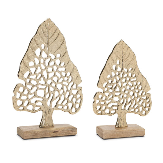 Melrose International Modern Metal Leaf Tree on Wood Base (Set of 2)