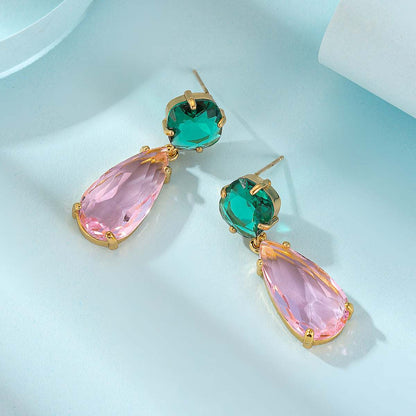 Green & Pink Crystal Goldtone Cushion Drop Earrings