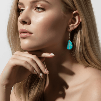 Turqouise & Silvertone Drop-Shape Leaf Hook Earrings