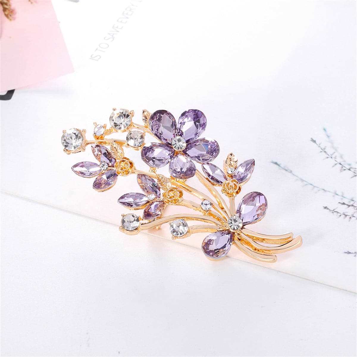 Purple Crystal & Cubic Zirconia Goldtone Flower Brooch